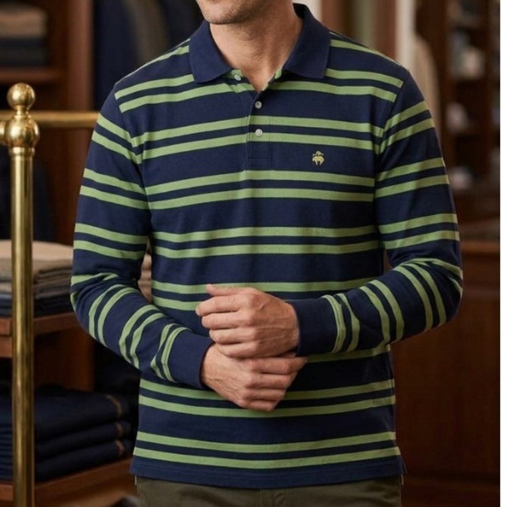 Brooks Brothers 346 Mens Large Long‎ Sleeve Polo Shirt Navy Green Striped Cotton